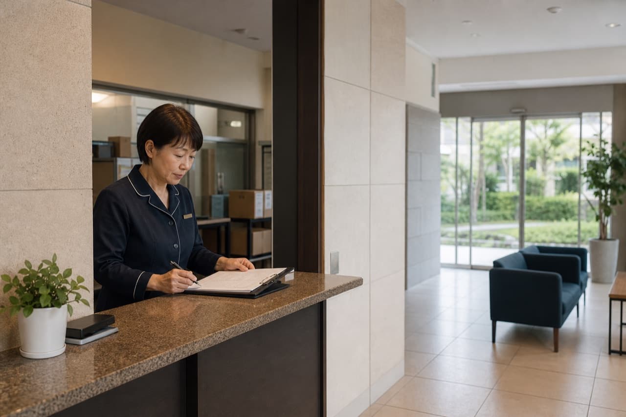 マンションの受付で記録を確認する管理人