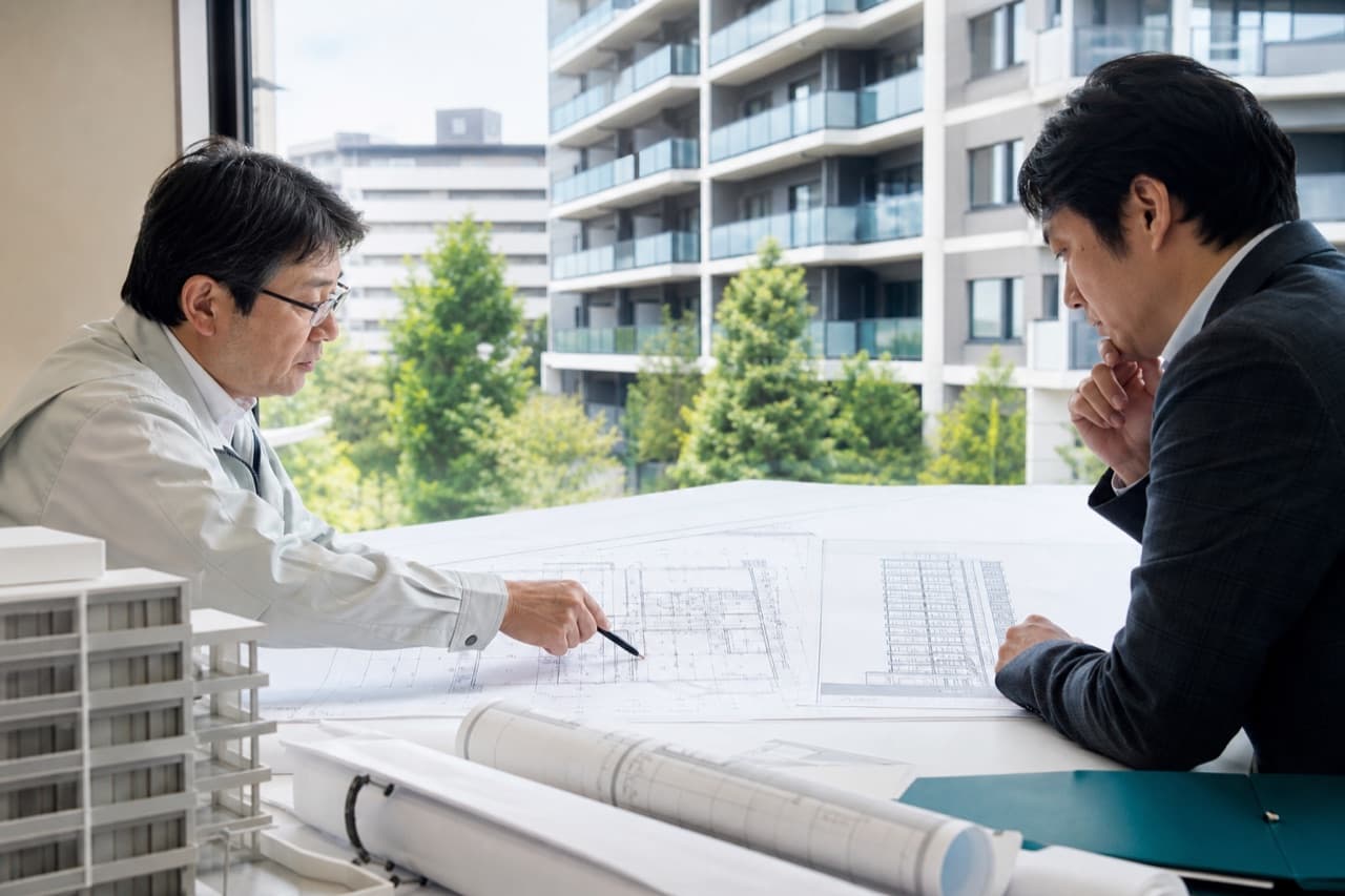 マンションを見ながら長期修繕計画を確認する専門家
