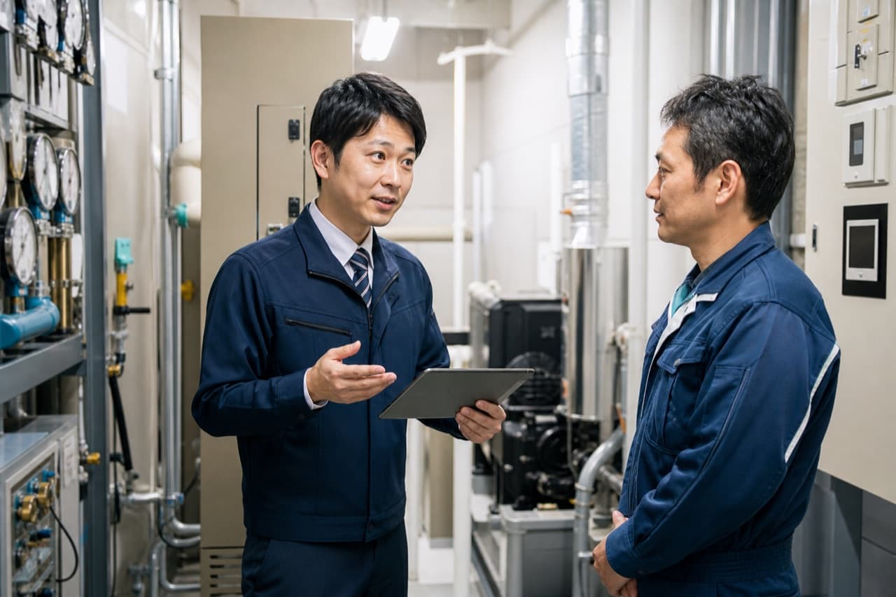 マンションの設備室を点検する管理会社の担当者と技術者