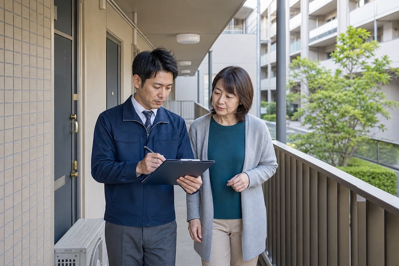 共用廊下を確認する管理担当者と住民代表